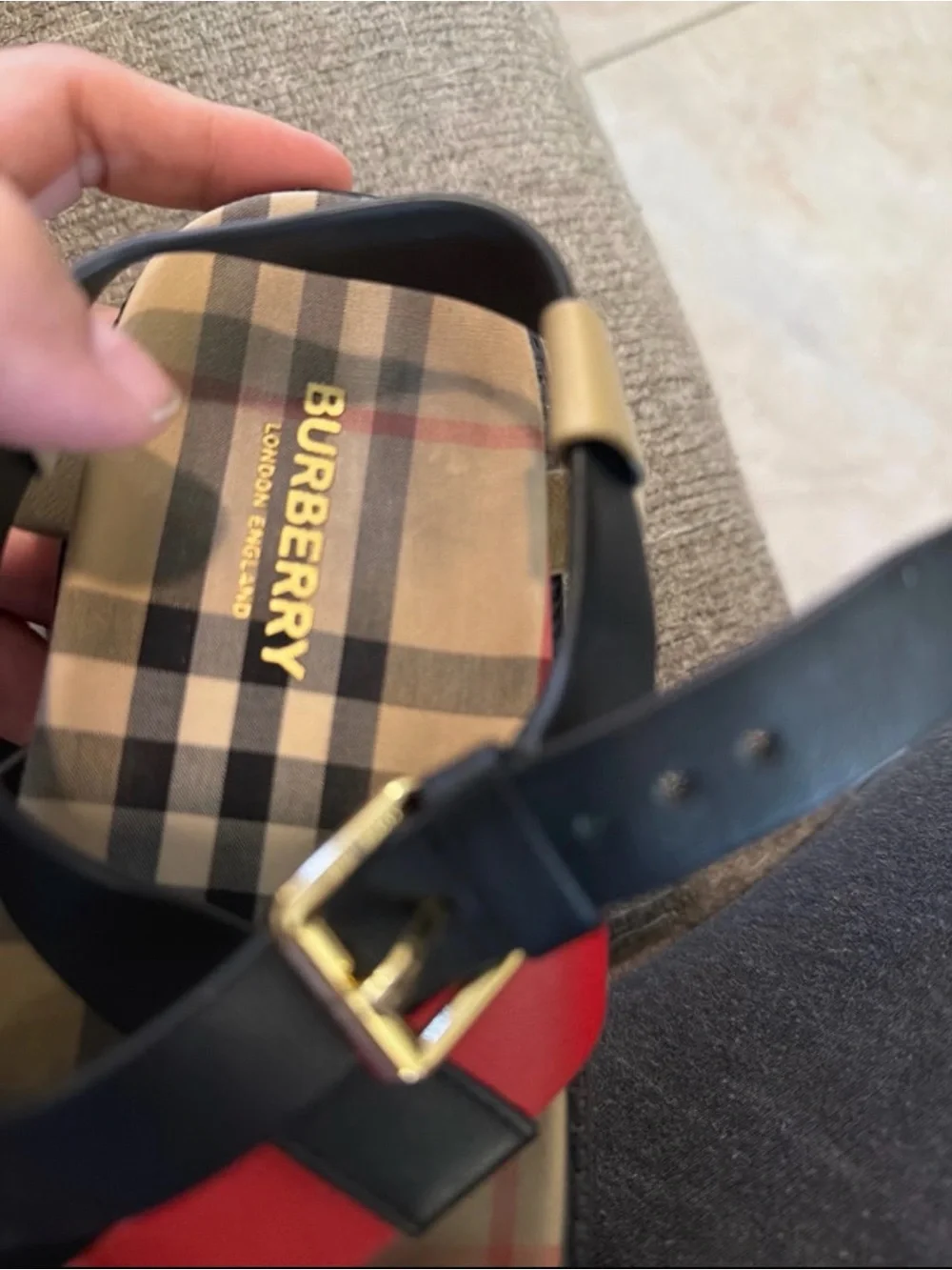 Burberry Black & Red Check Cross Leather Kids Sandals